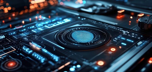 Obraz premium Advanced biometric scanner glowing within a digital workspace, representing the future of secure authentication.