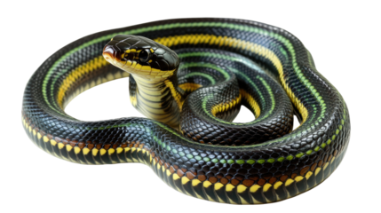 Striped Racer Snake: A captivating close-up of a striped racer snake, coiled elegantly, showcasing its striking black, yellow, and green stripes.
