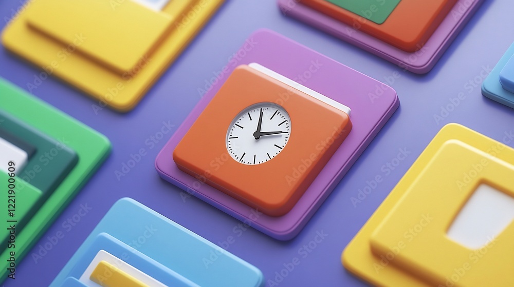 Poster colorful clock interface design: a vibrant 3d rendering showcasing a clock icon within a layered, co