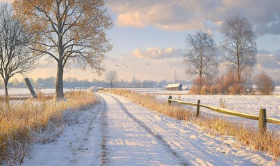 Snowy rural road at sunrise with frosted trees, fields, distant farm.