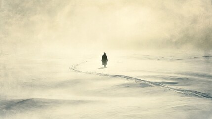 mysterious person standing in snowy wilderness, thick winter fog, distant horizon, solitary figure casting shadow, boot tracks in pristine snow, dreamy winter atmosphere, faded white landscape,