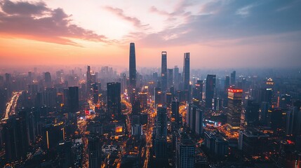Fototapeta premium Stunning Aerial View of Shanghai Skyline at Sunset