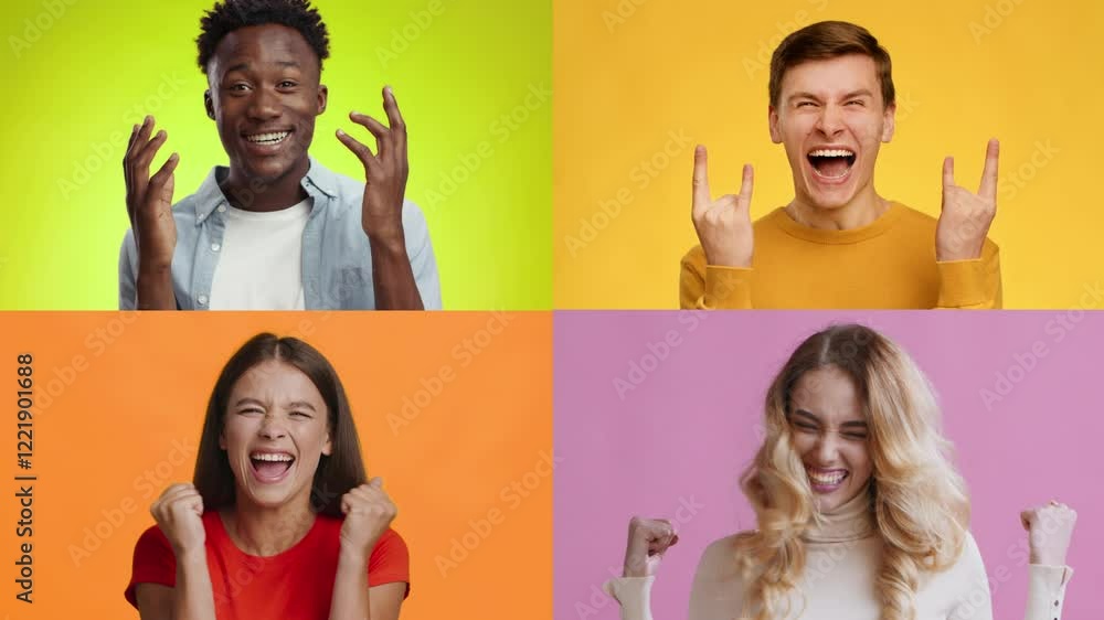 Poster four people display a range of emotions including joy and excitement against colorful backdrops. the