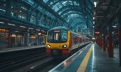Obraz premium Train arriving at urban station platform with intricate steel architecture