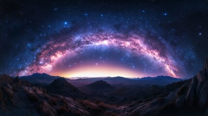 expansive celestial vista, sparkling astral lights, deep space gradient, mystical night atmosphere, gleaming stars, cosmic panorama, ethereal blue horizon, astronomical landscape