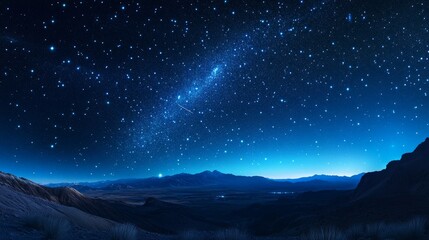 Fototapeta premium cosmic horizon panorama, brilliant star scatter, magical night sky, ethereal space glow, celestial light display, astronomical vista, seamless dark blue gradient, stellar atmosphere