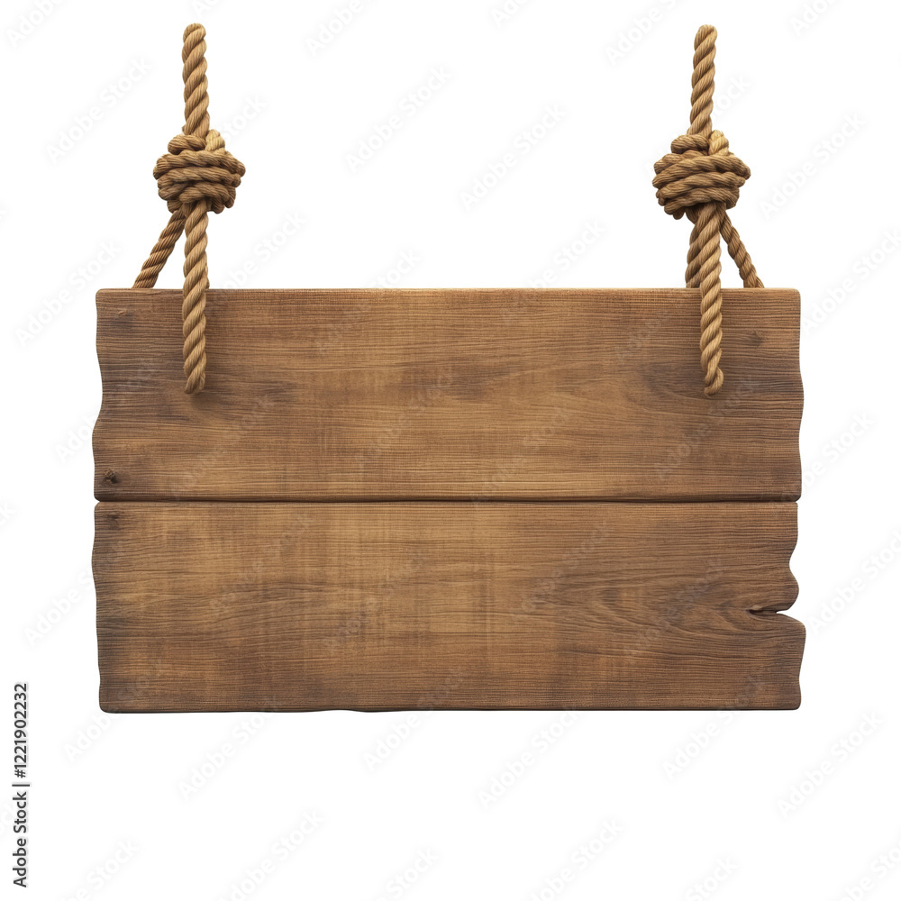 Poster A rustic wooden sign hangs from two pieces of rope tied in knots providing a blank space for a message.