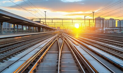 Fototapeta premium Train tracks merging at sunset in urban station