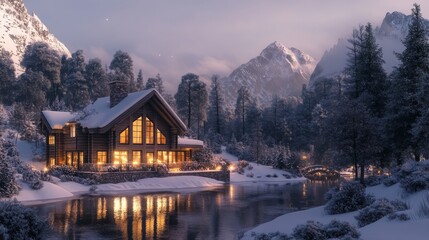 Obraz premium Cozy mountain retreat, glowing windows in twilight, evergreen forest silhouettes, majestic snowy peaks, tranquil lake mirror reflection, natural winter wonderland, soft evening light, rustic wooden