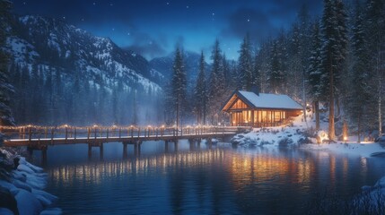 Fototapeta premium Alpine lake vista, illuminated cabin at nightfall, snow-blanketed terrain, towering evergreens, mountain panorama, wooden footbridge with fairy lights, pristine wilderness setting, crystal clear