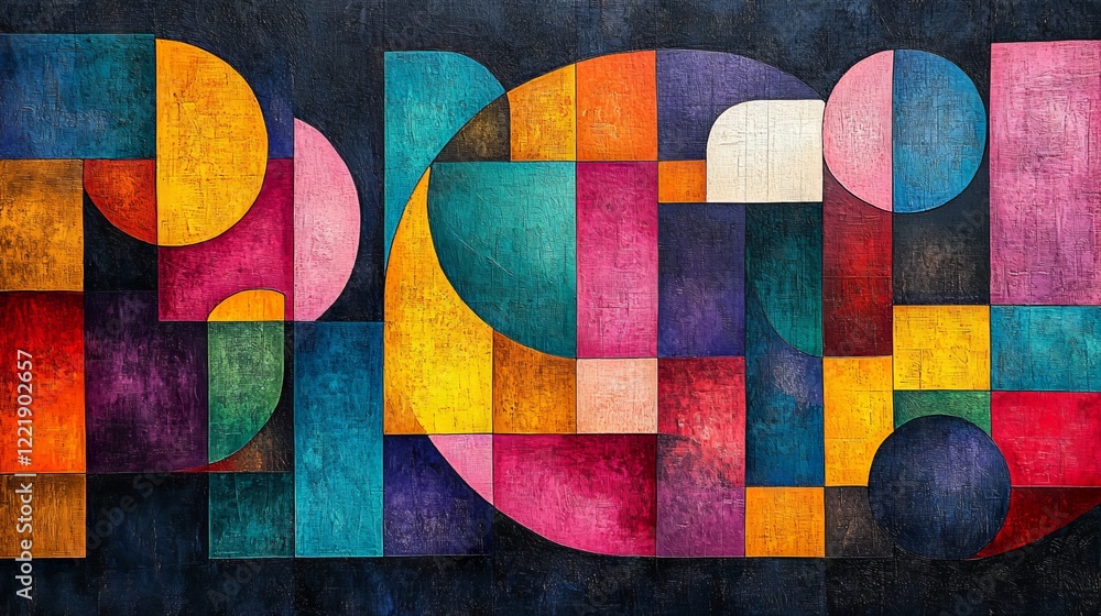 Poster abstract geometric composition with vibrant color palette on a textured canvas