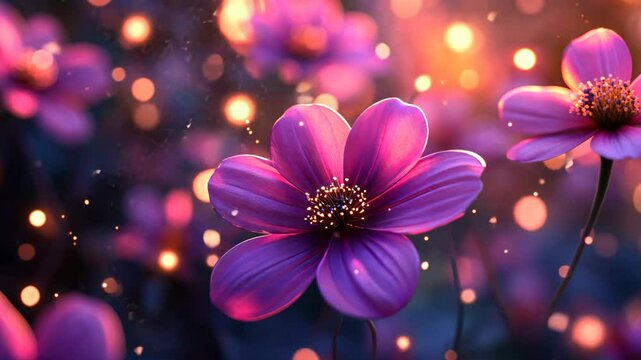 dreamy springtime puple cosmos flower background with glitter glow light with gold sparkle glow in dark