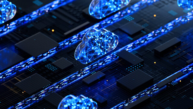 Cloud shape on circuit board symbolizes cloud computing technology and network security concept. 3D rendering, conceptual image.