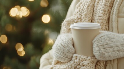 Cozy winter scene, cream colored down coat, chunky wool scarf, white fleece mittens, disposable coffee cup, evergreen background, fashion detail shot, gentle bokeh effect, warm winter style,