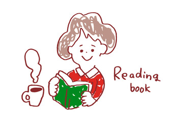 コーヒーを飲みながら本を読む女性のゆるいイラスト
