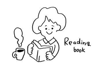 コーヒーを飲みながら本を読む女性のゆるいイラスト