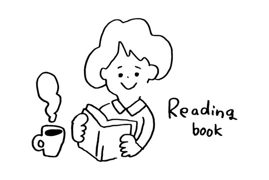 コーヒーを飲みながら本を読む女性のゆるいイラスト