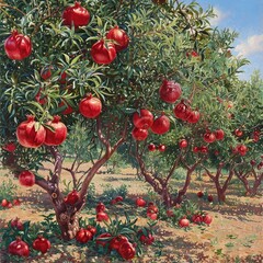 Lush pomegranate orchard with ripe, red fruit on trees and ground.