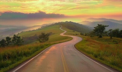 Winding mountain road at sunrise with misty valleys.