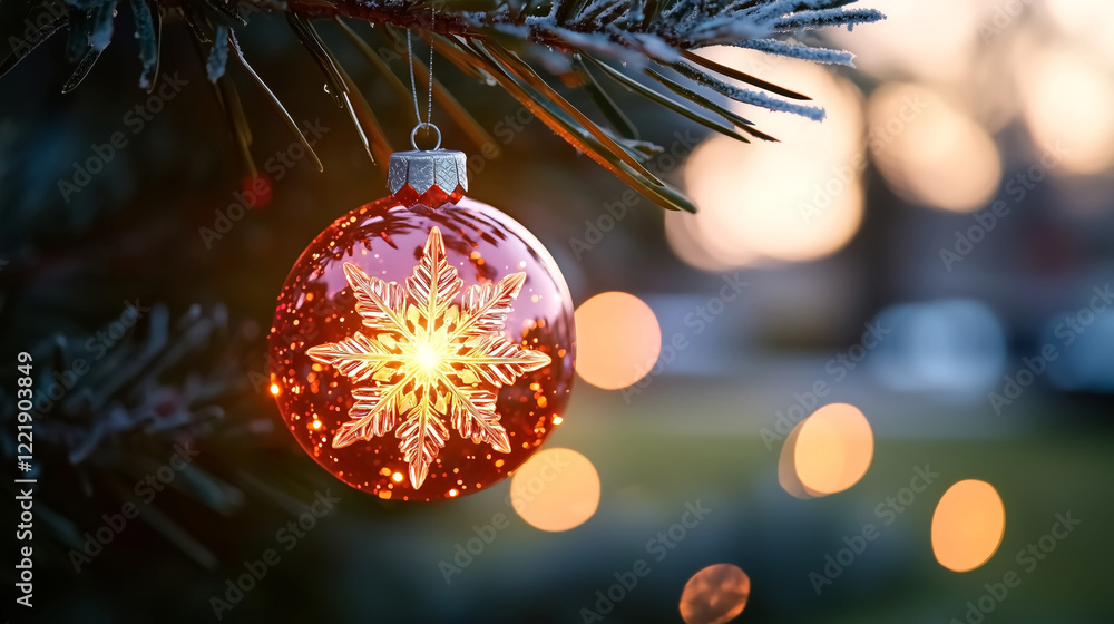 Poster beautiful red ornament with snowflake design hangs on frosted pine tree, glowing warmly in soft even