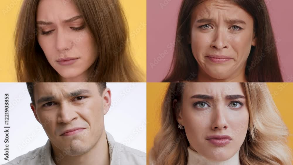 Poster a collection of four individuals displaying varied emotional expressions, including sadness and frus