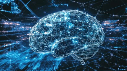 A brain composed of interconnected digital circuits and nodes, Innovation scene, Digital style