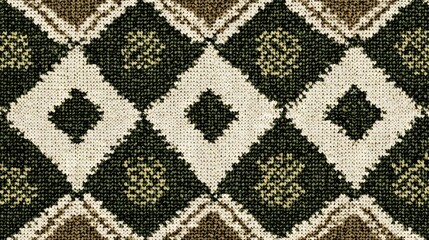 Traditional knit pattern, geometric argyle motif, forest green olive brown cream colors, winter textile texture, detailed stitch definition, folk ornamental design, wool fiber effect, repeating
