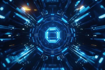 Futuristic blue glowing tunnel with geometric patterns.