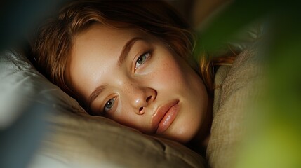 Serene Close-Up of a Pensive Young Woman Lying on a Bed Surrounded by Soft Linen and Greenery