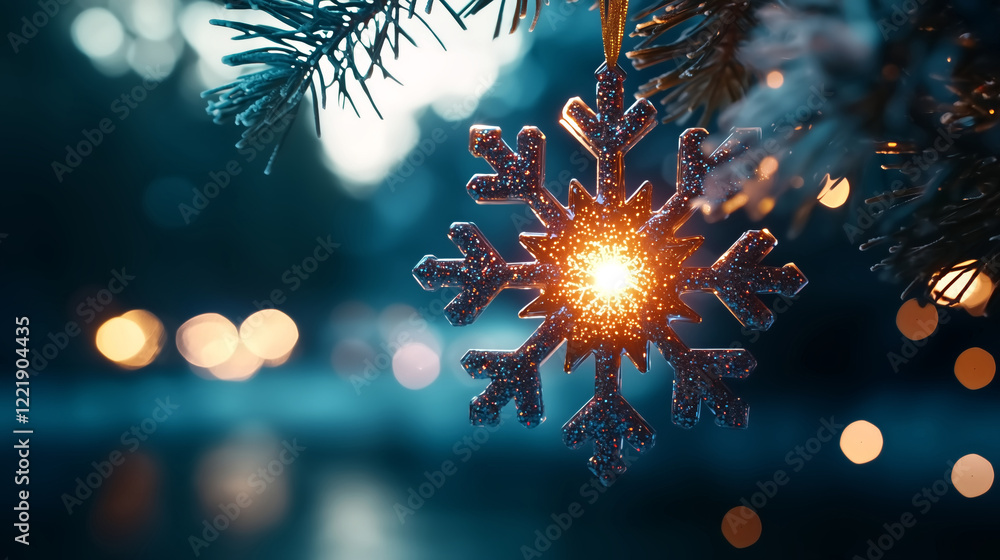Poster magical glowing ornament shaped like snowflake hangs from tree branch, illuminating surroundings wit