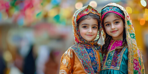 Fototapeta premium Two young girls dressed in colorful, traditional costumes, generative AI