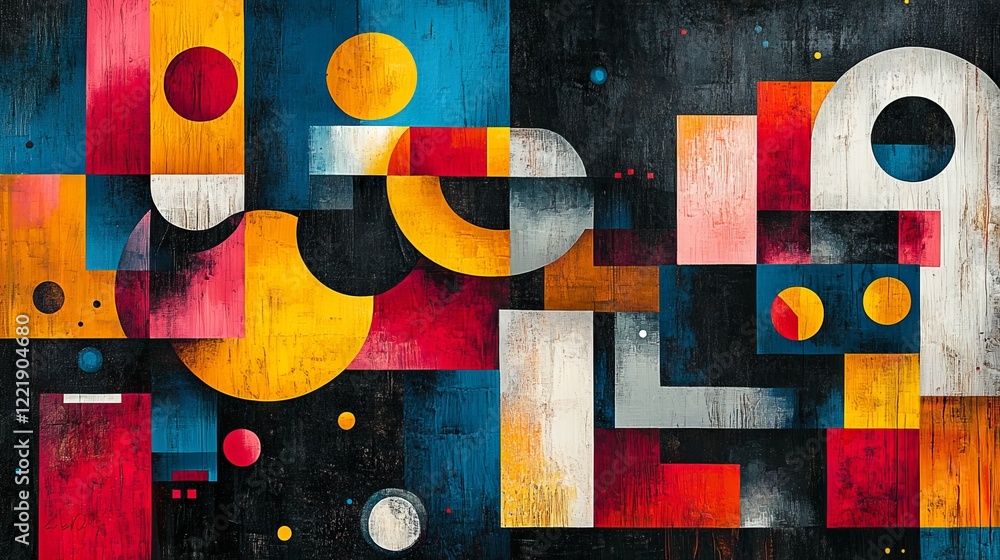Poster abstract geometric composition with vibrant colors and textures creating a dynamic modern art piece