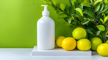 White Pump Bottle Lemons Green Leaves Still Life