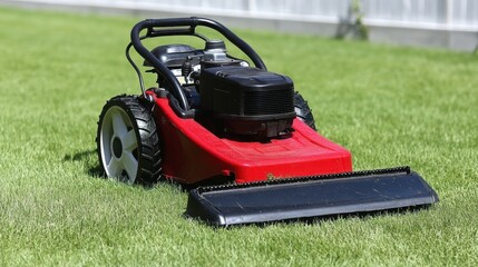 Fototapeta premium Red lawn mower on green grass.