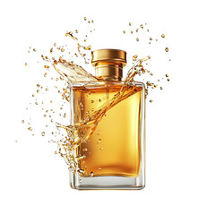 Elegant Glass Bottle with Splashing Liquid on White Background