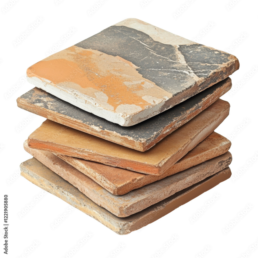 Poster a close-up view of several aged and weathered clay tiles stacked neatly together showcasing their va