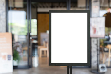 White billboards in front of the cafe. Screen digital marketing display in a Shopping Mall food court coffee shop