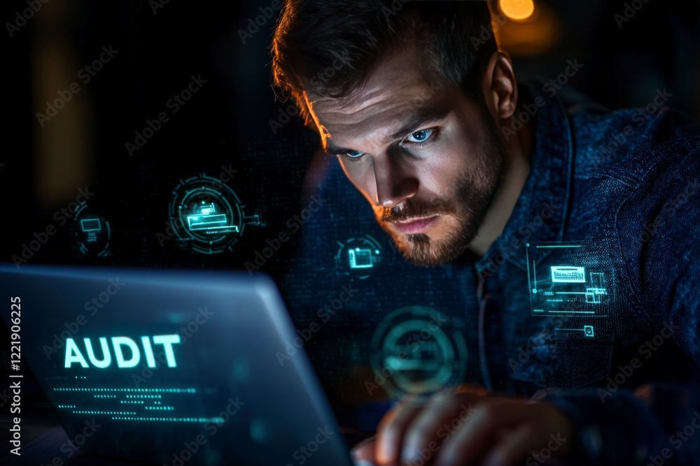 Poster focused man engaged in digital audit process on laptop with futuristic graphics and data analysis el