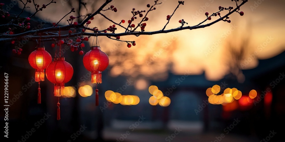 Poster beautiful red lanterns hanging on tree branch at sunset with soft bokeh background and blooming flow