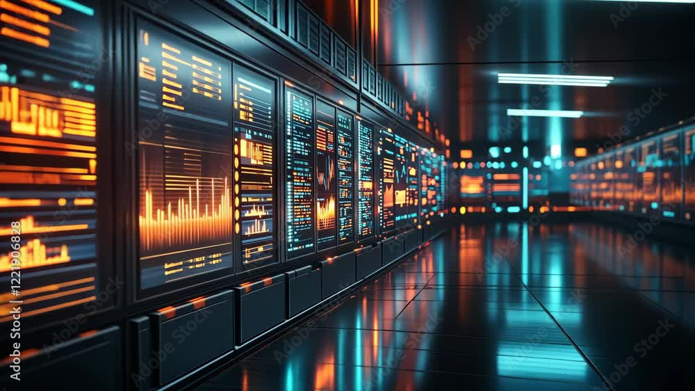 Poster futuristic data center server room with glowing digital displays and screens showing graphs and