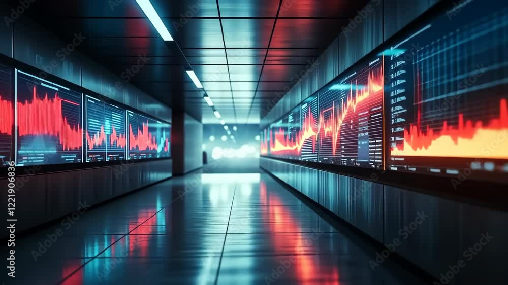 Poster futuristic corridor with glowing data screens displaying stock market charts and graphs