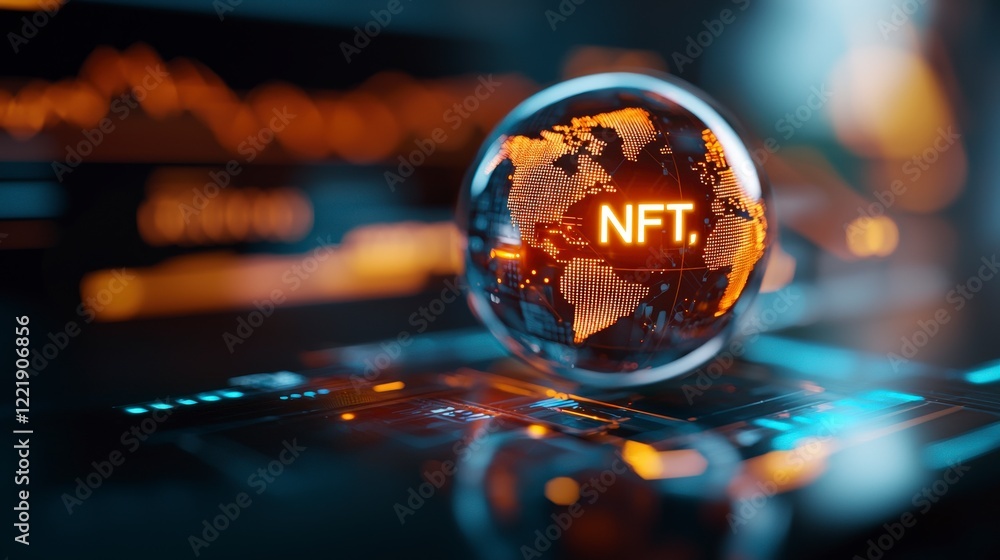 Poster digital artwork representing nft market trends in a futuristic environment with globes and data visu