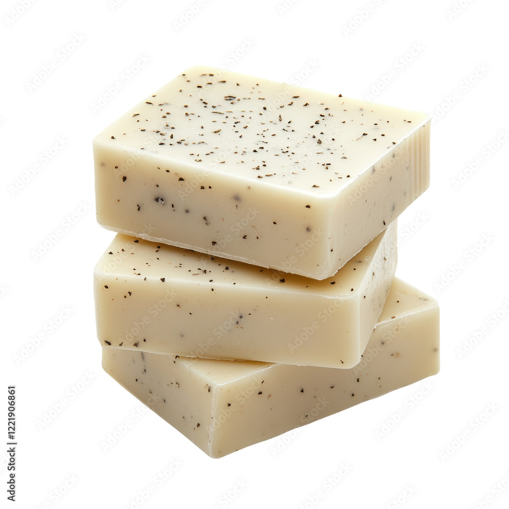 Poster a close-up studio shot shows three rectangular bars of off-white herbal soap with dark specks, stack
