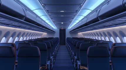 Naklejka premium Spacious Airplane Interior Featuring Closed Overhead Bins and Seats in Aisle Arrangement