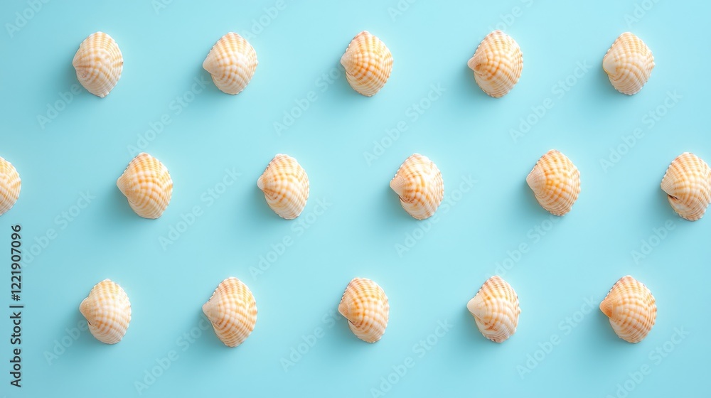 Poster seashells arranged in a neat pattern on a blue background