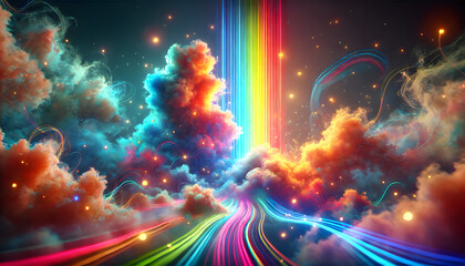 A radiant rainbow beam cutting through vivid, fluffy clouds under a starry sky, creating a dreamlike and celestial atmosphere..