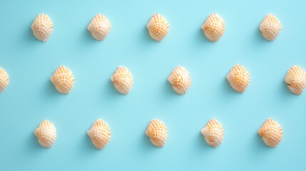 Seashells arranged in a neat pattern on a blue background