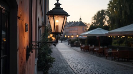 Antique Street Lamp Casting a Soft Warm Glow on a Charming Cobblestone Pathway During Dusk