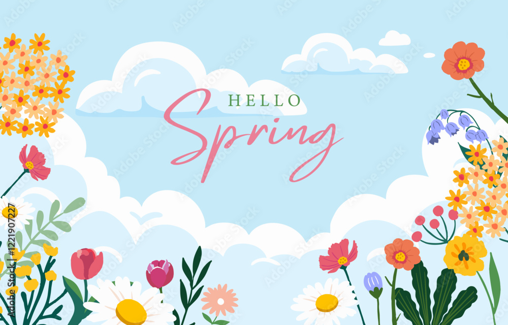 Wall mural spring landscape background with sky and tree for horizontal design