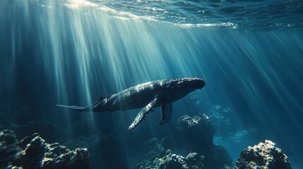 Fototapeta premium Majestic humpback whale swimming in sunlit ocean depths.
